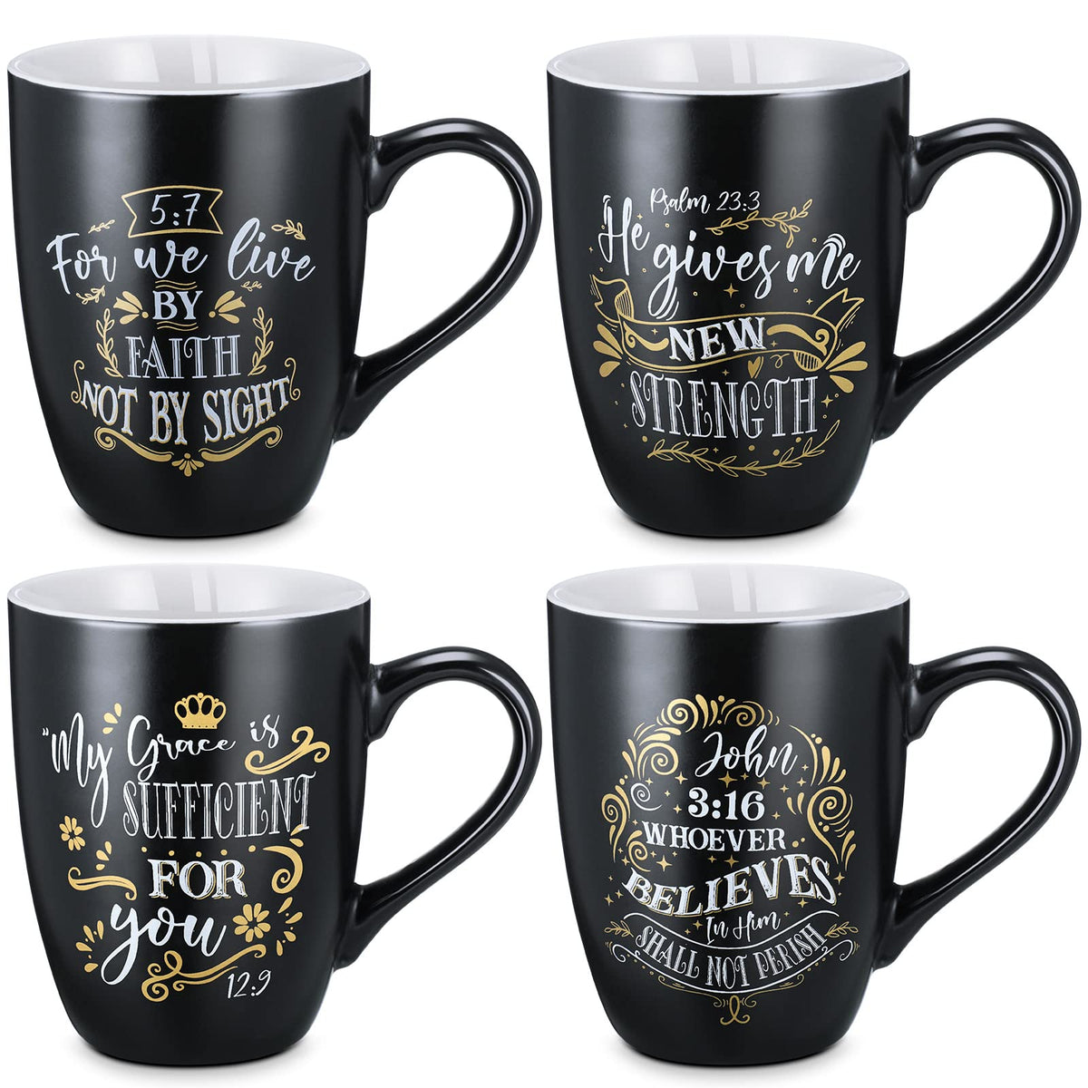 Jinei 4-piece Christian coffee mugs set in black stoneware with scripture quotes for daily inspiration.