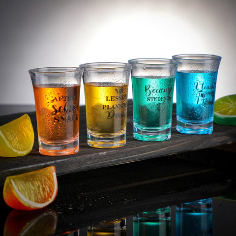 Jinei clear acrylic teacher shot glass close-up showing safe construction