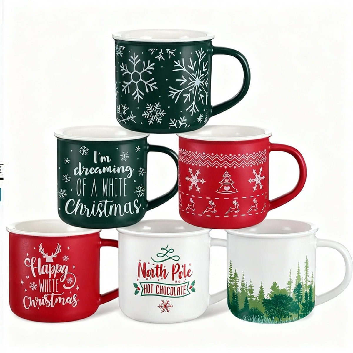 Jinei Christmas mug set of six with pine and snowflake designs