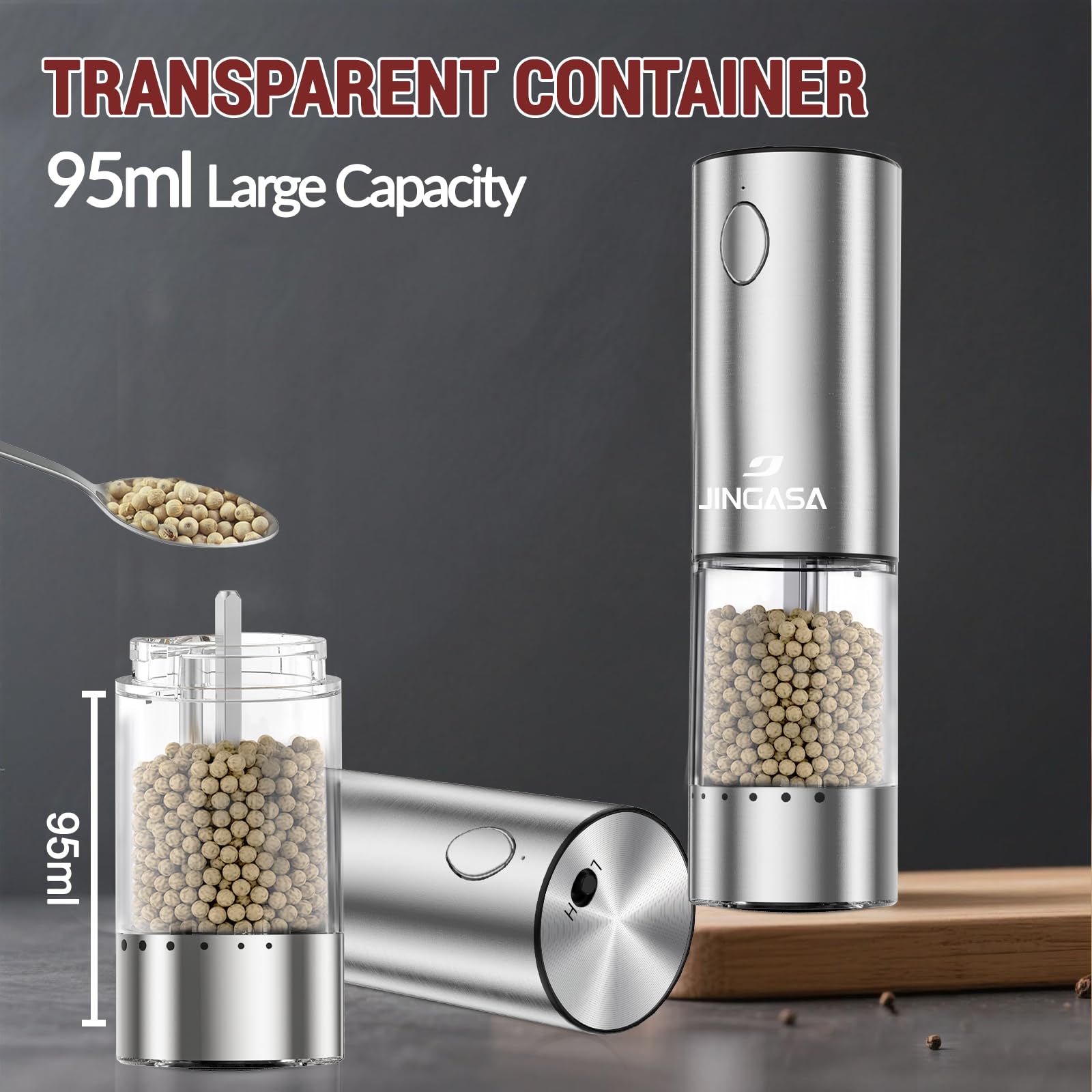 JINGASA LED light illuminates food for precise seasoning during grinding.