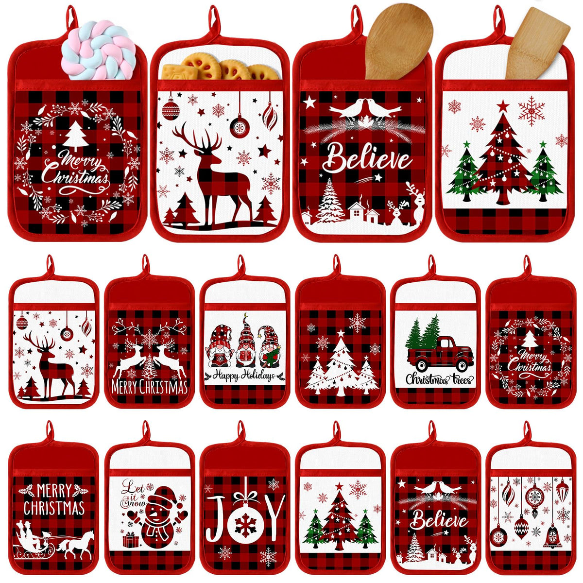 Jingmore Christmas pot holder with pocket in buffalo plaid for secure grip while handling hot pots.