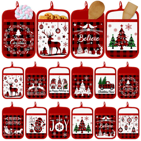 Jingmore Christmas pot holder with pocket in buffalo plaid for secure grip while handling hot pots.