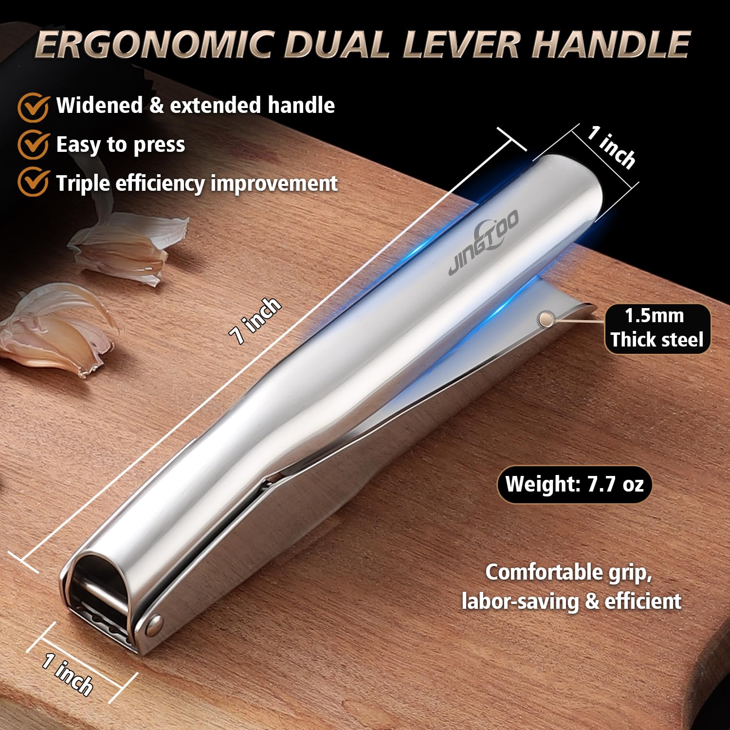 JINGTOO garlic press with ergonomic handle for comfortable use