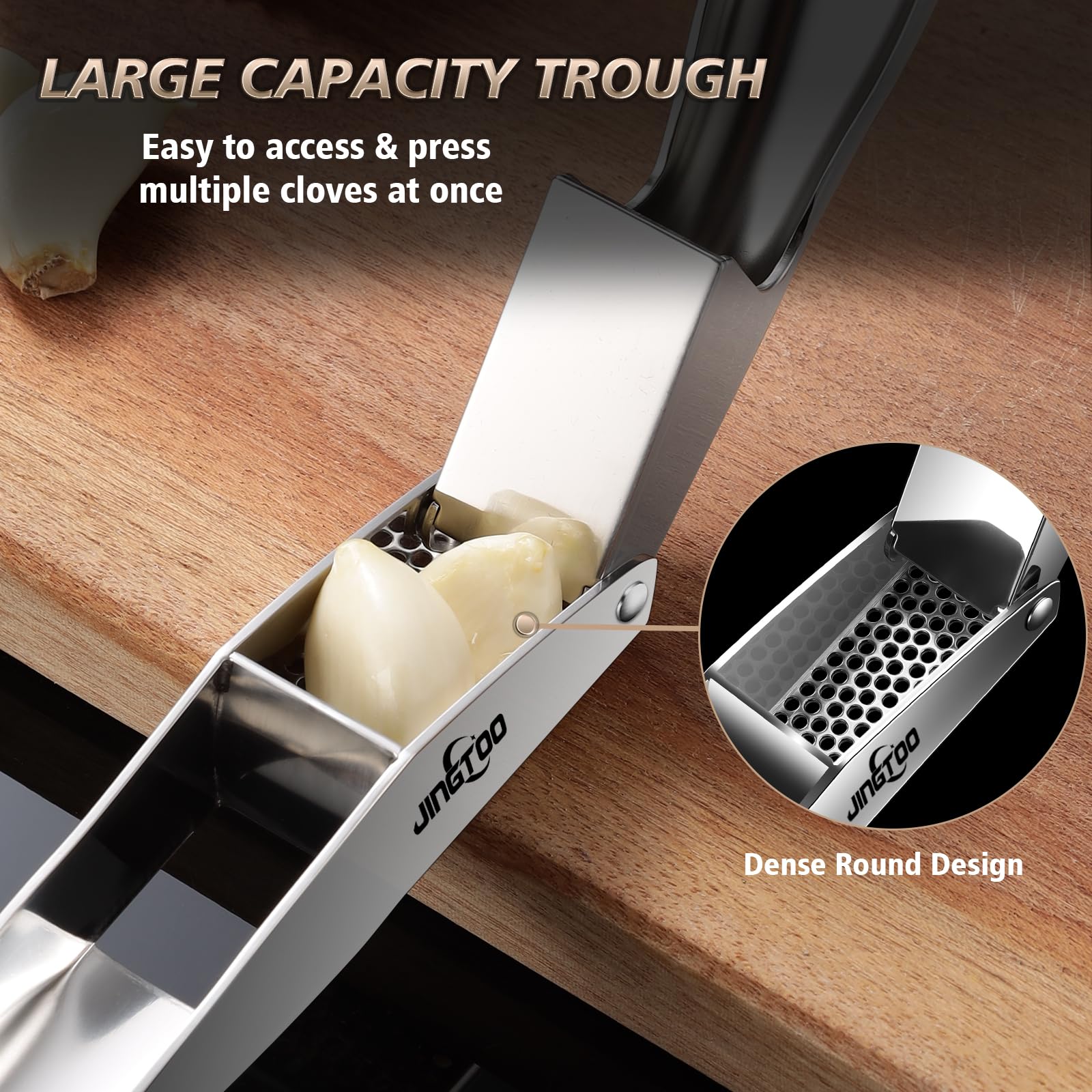 JINGTOO garlic press with large trough for effortless crushing