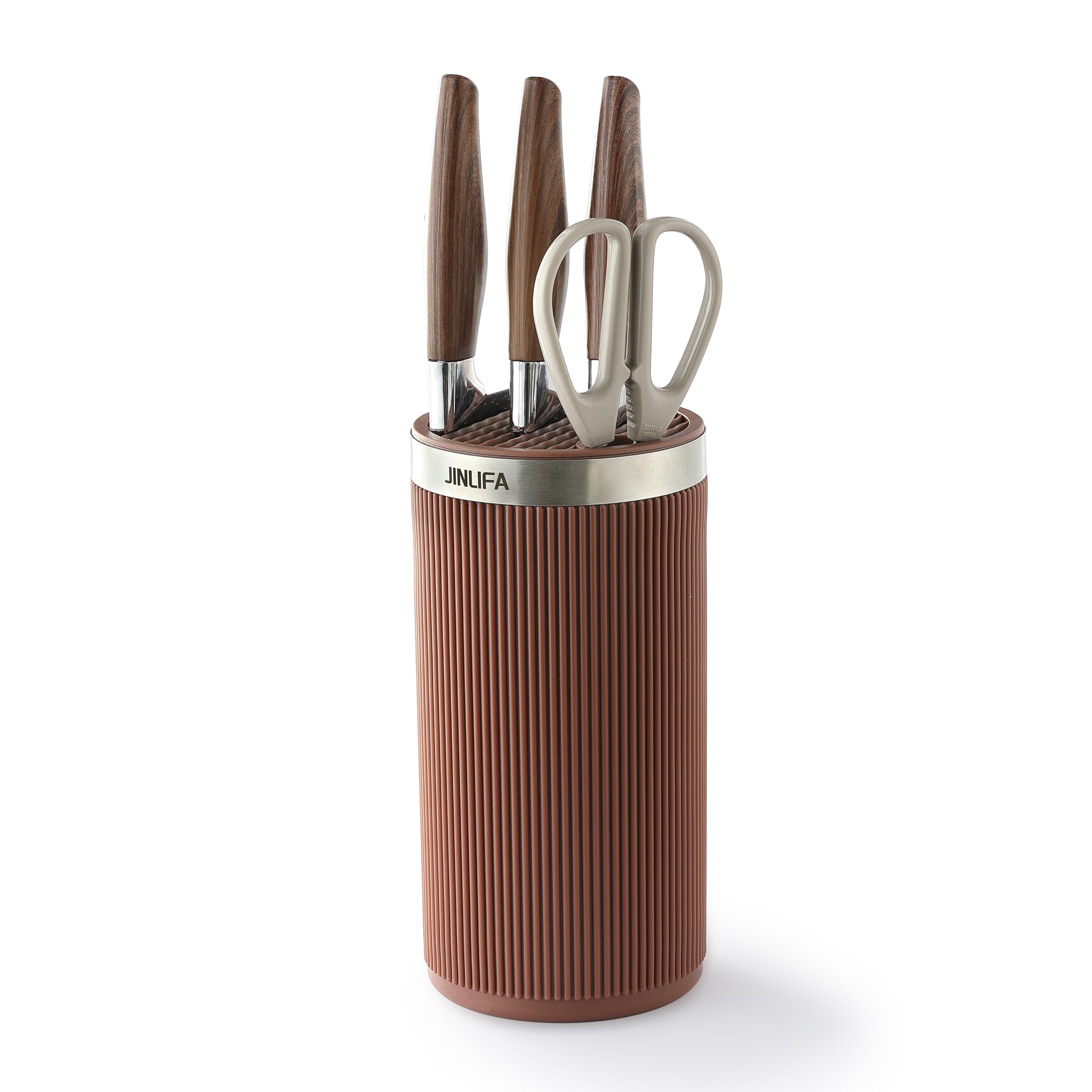 JINLIFA round knife block with compact design saves counter space and keeps knives accessible.