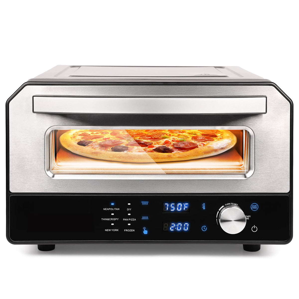 JIPPCL 800℉ indoor pizza oven front angle showing accessible controls for quick meals