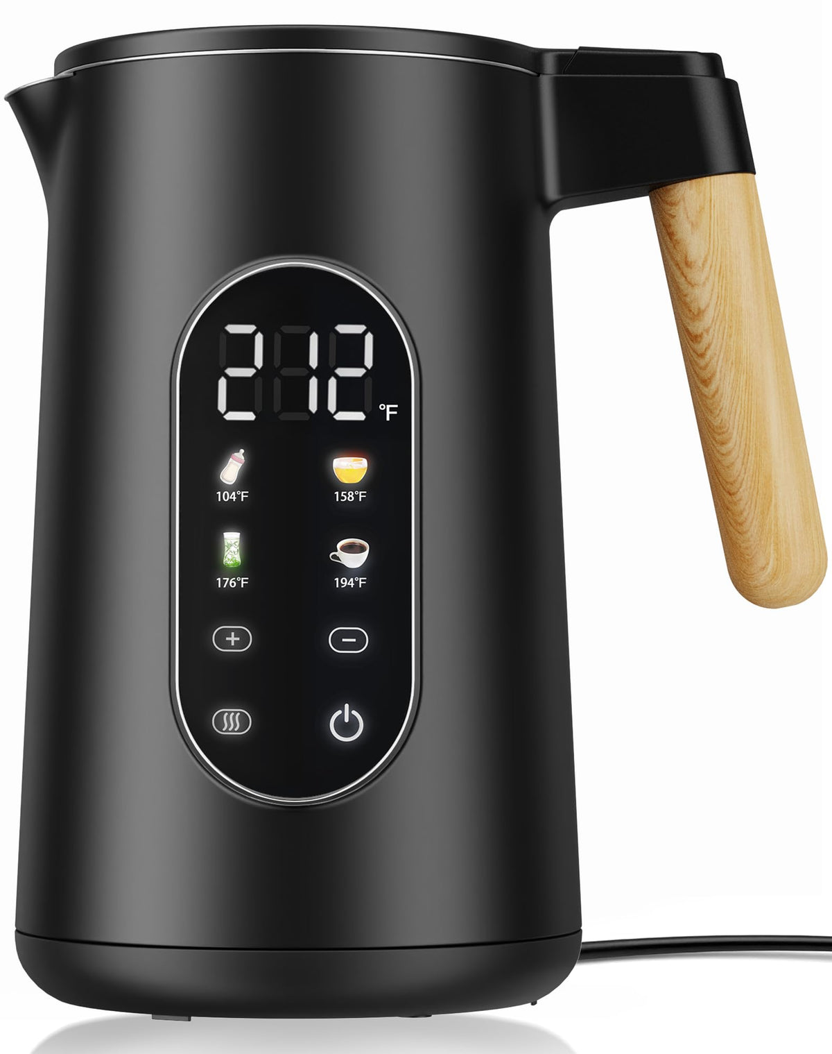 JIPPCL kettle front view with digital display for precise temperature control.