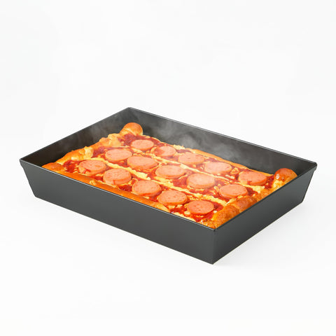 Jisculo Blue Steel Detroit Pan 14x10 front view, delivers crispy crust and thick slices.