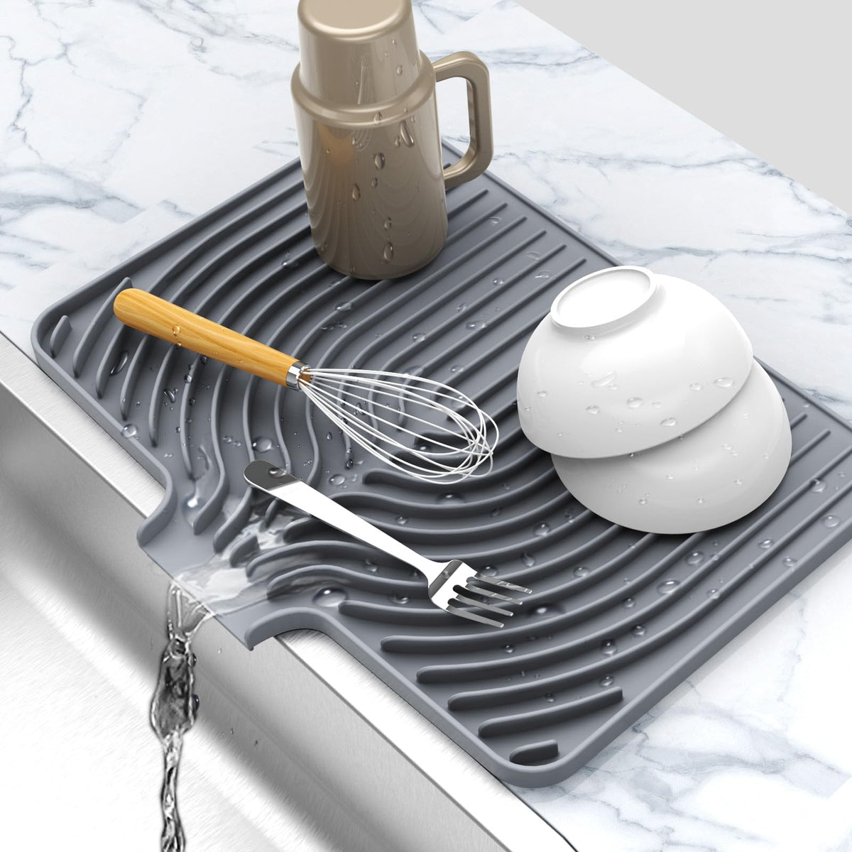 JIUBAR silicone dish drying mat with built-in drain spout directs water to sink