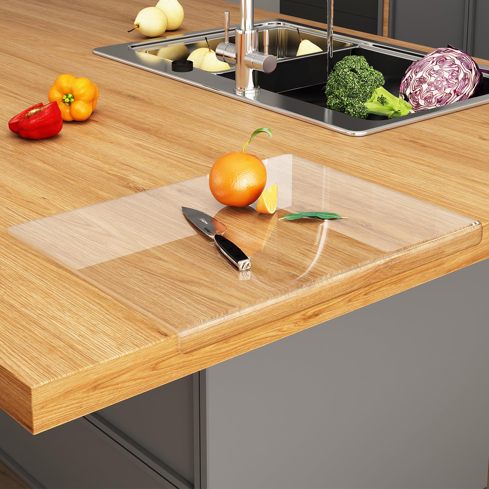 JJL acrylic cutting board with counter lip offers stable prep surface for bread and vegetables.
