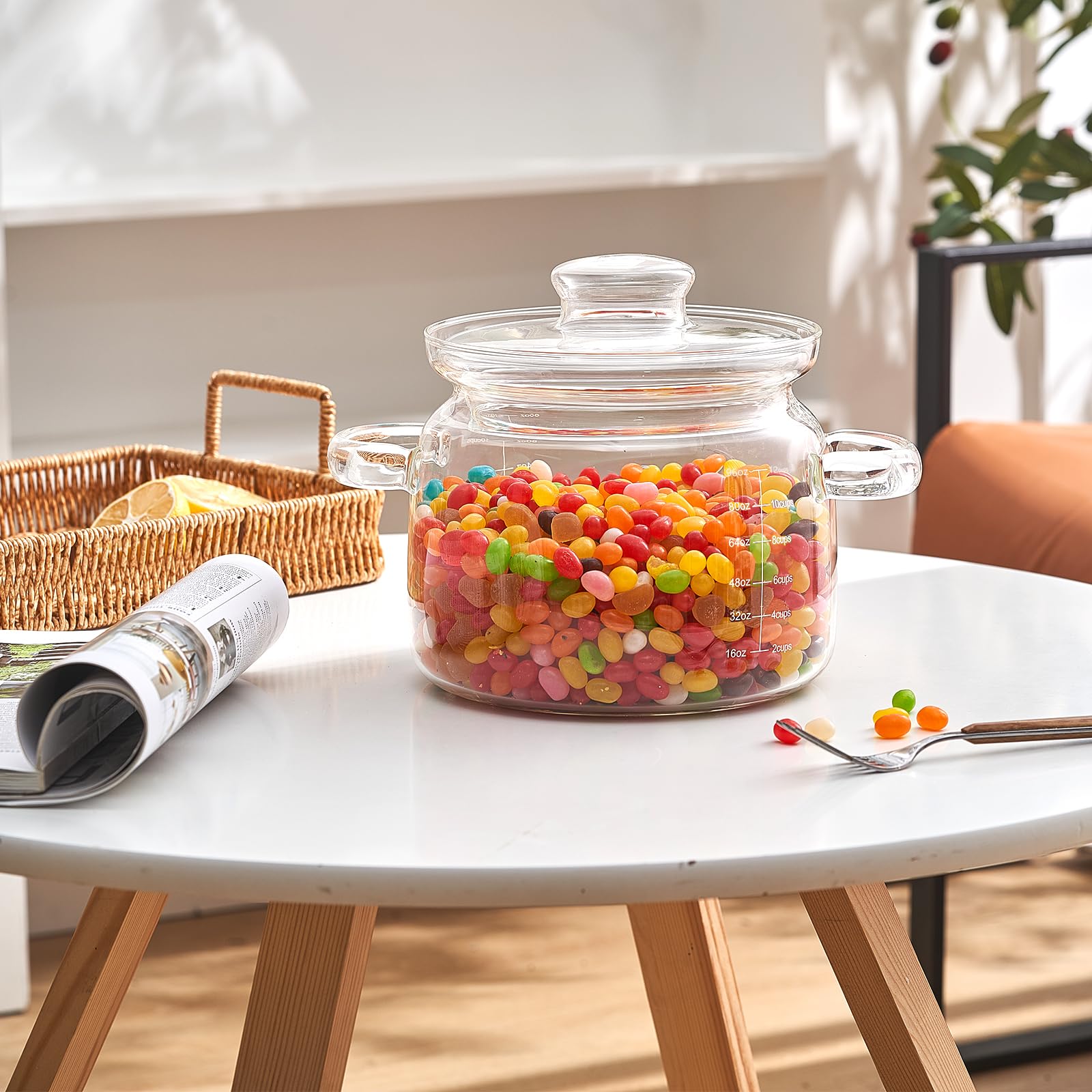 Jjojcll glass saucepan ideal for cooking and serving hot or cold.