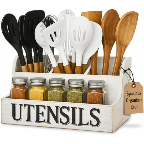 JKS Essentials large white farmhouse utensil holder with four compartments for organized counter storage.