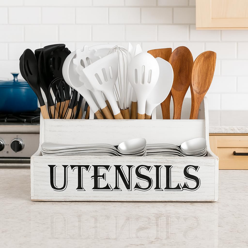 JKS Essentials white wood grain utensil caddy adds rustic charm while keeping spoons and spatulas accessible.