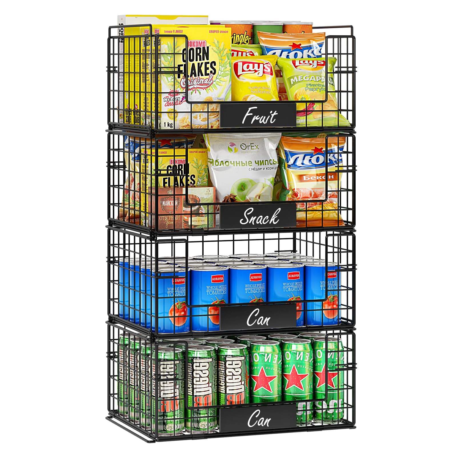 JKsmart 4-pack XXL baskets with handles for easy pantry organization.