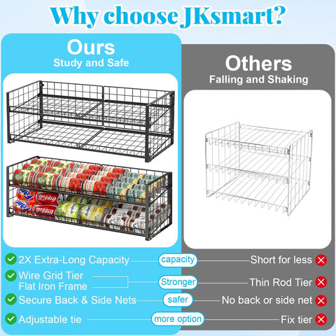 JKsmart 64-can capacity rack ideal for soups and vegetables in the pantry.