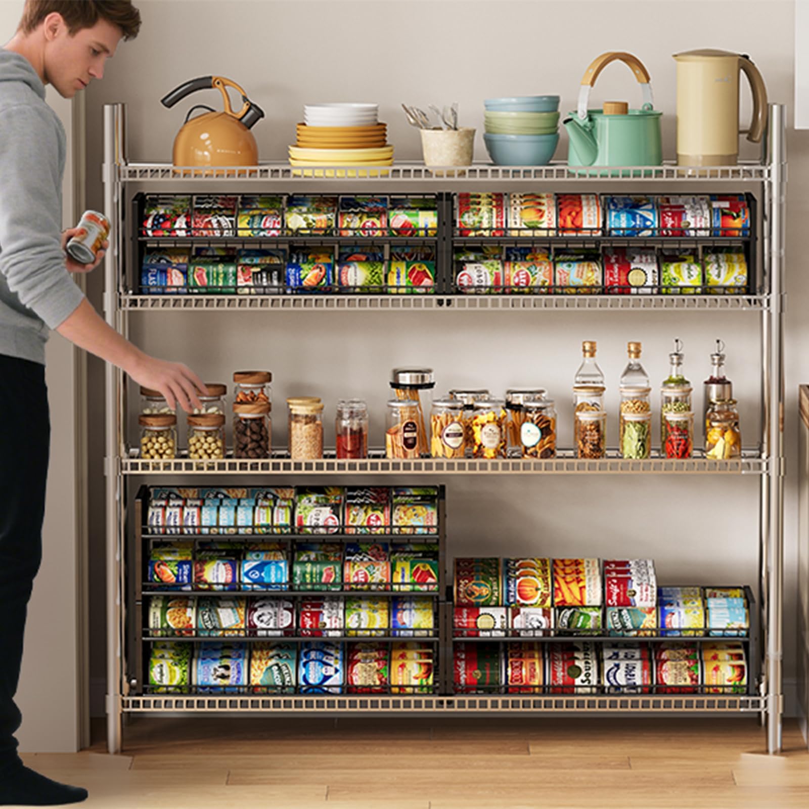 JKsmart extra-large capacity rack fits standard pantry shelves