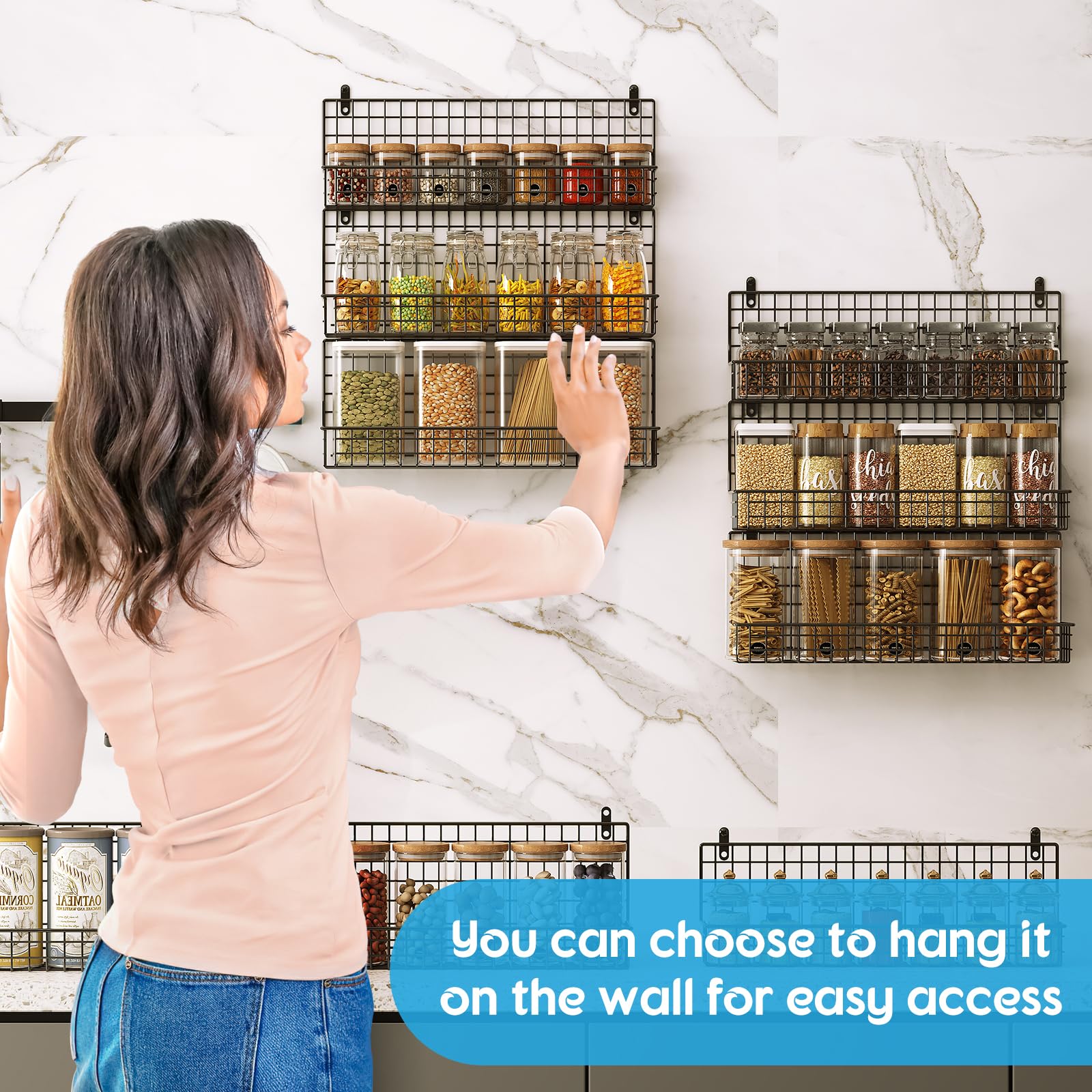 JKsmart large tier holds up to 130 4oz jars for spice organization.