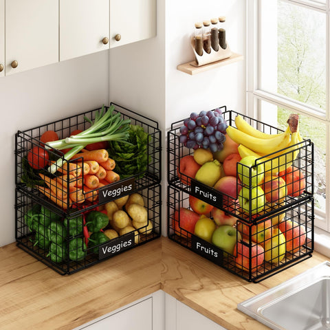 Stackable wire baskets showing flexible configurations to maximize space.