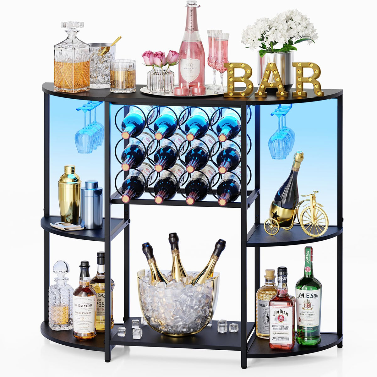JKsmart wine bar cabinet with LED strip illuminates the display for evenings