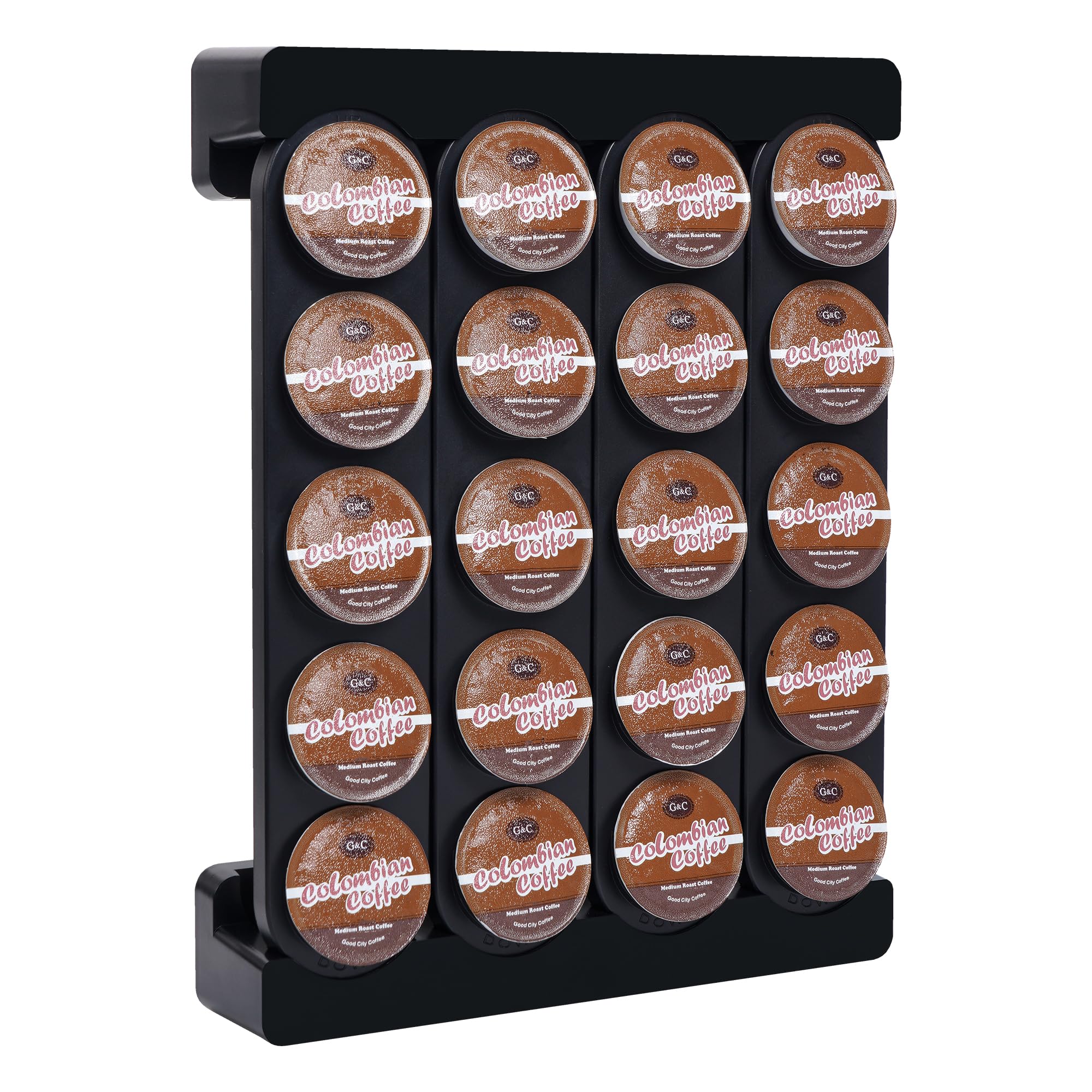 JMBTLUS wall-mounted pod holder on kitchen wall keeps K-Cups organized and accessible.