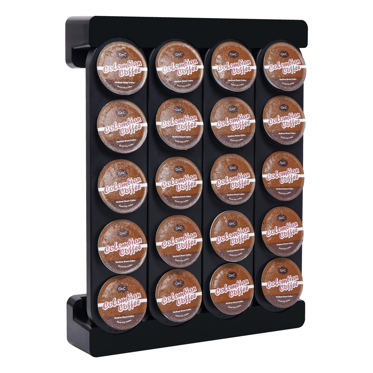 JMBTLUS wall-mounted pod holder on kitchen wall keeps K-Cups organized and accessible.