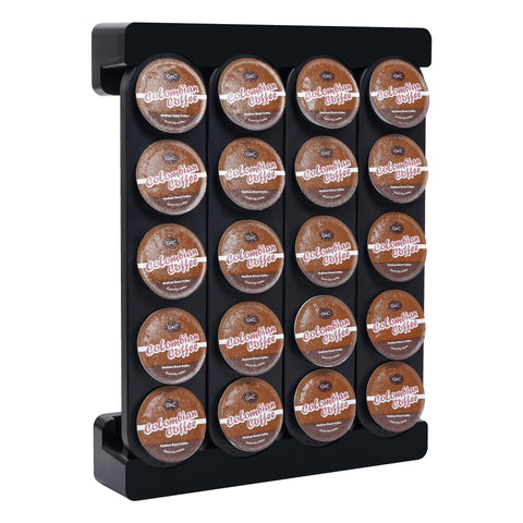 JMBTLUS wall-mounted pod holder on kitchen wall keeps K-Cups organized and accessible.