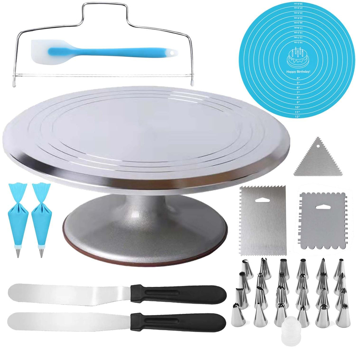 Jninexiu 12-inch aluminum cake stand shown on a kitchen counter for decorating success