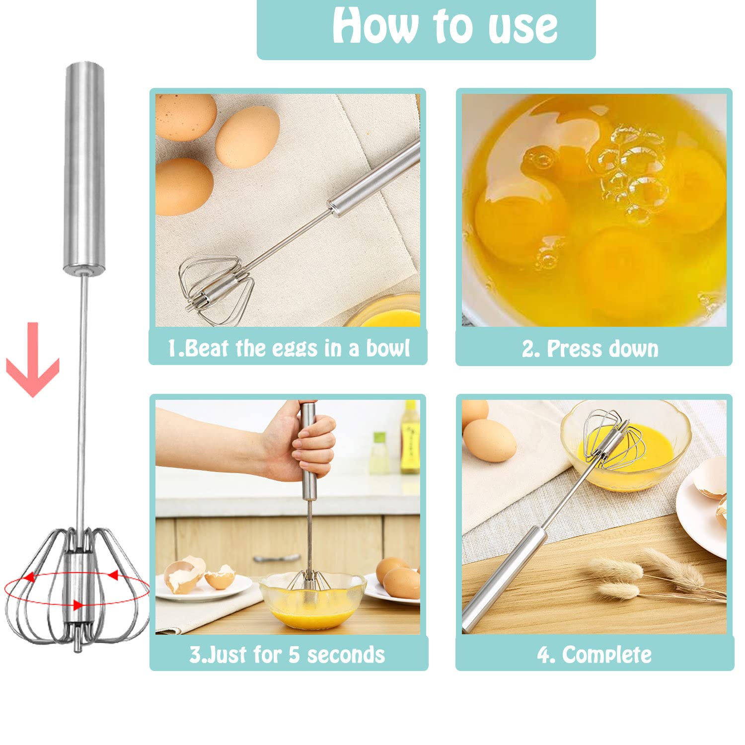 Jninexiu whisk sizes 10, 12, and 14 inches fit most containers.