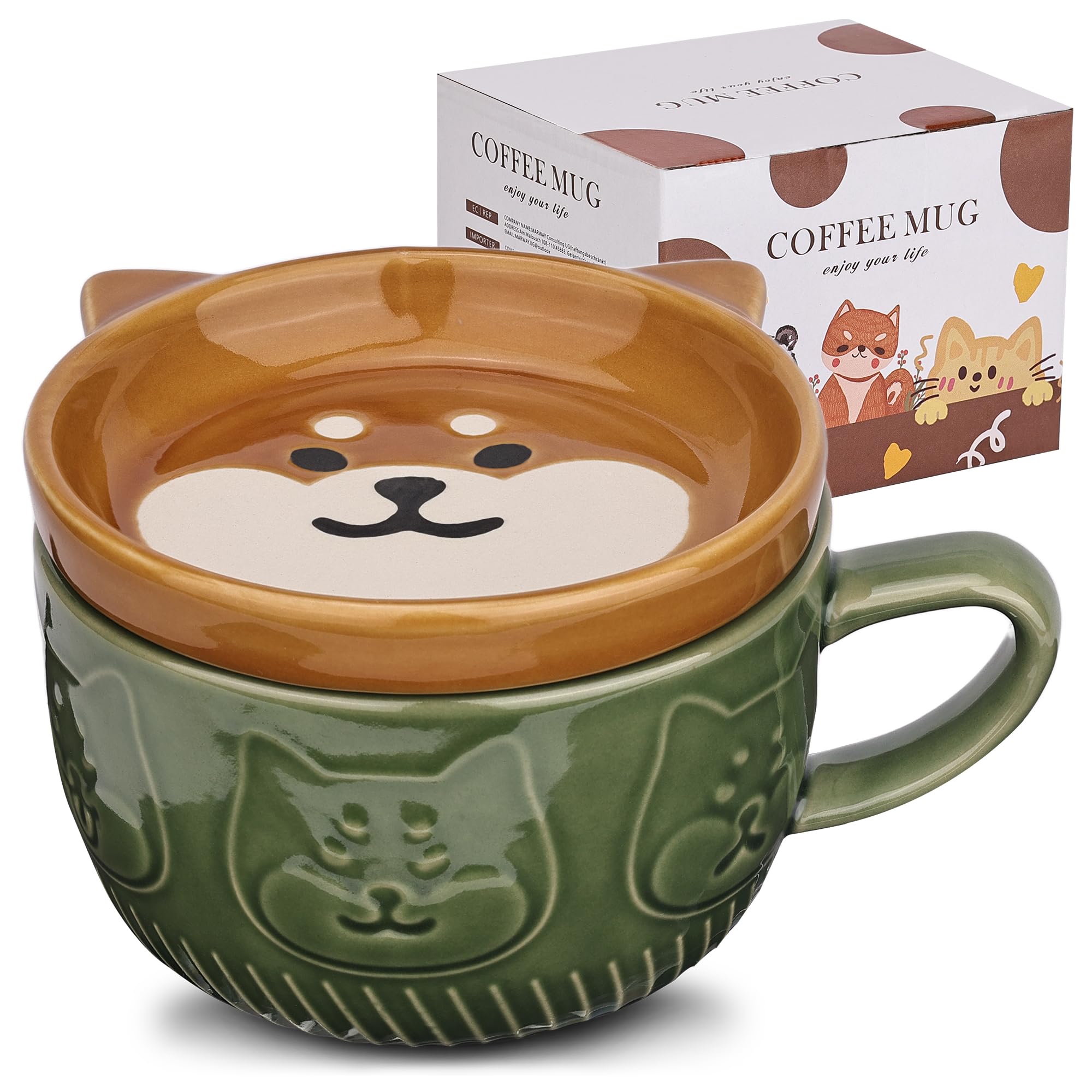 JNSMFC cute dog mug with green lid, ideal for cheerful morning coffee.