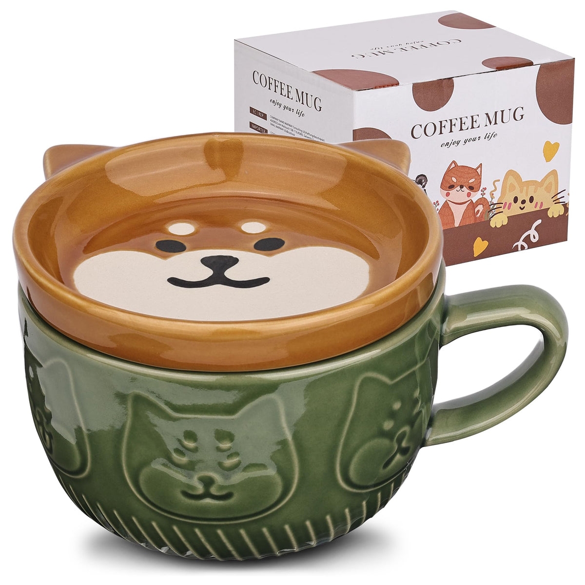 JNSMFC cute dog mug with green lid, ideal for cheerful morning coffee.