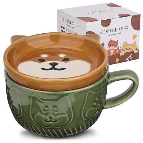 JNSMFC cute dog mug with green lid, ideal for cheerful morning coffee.