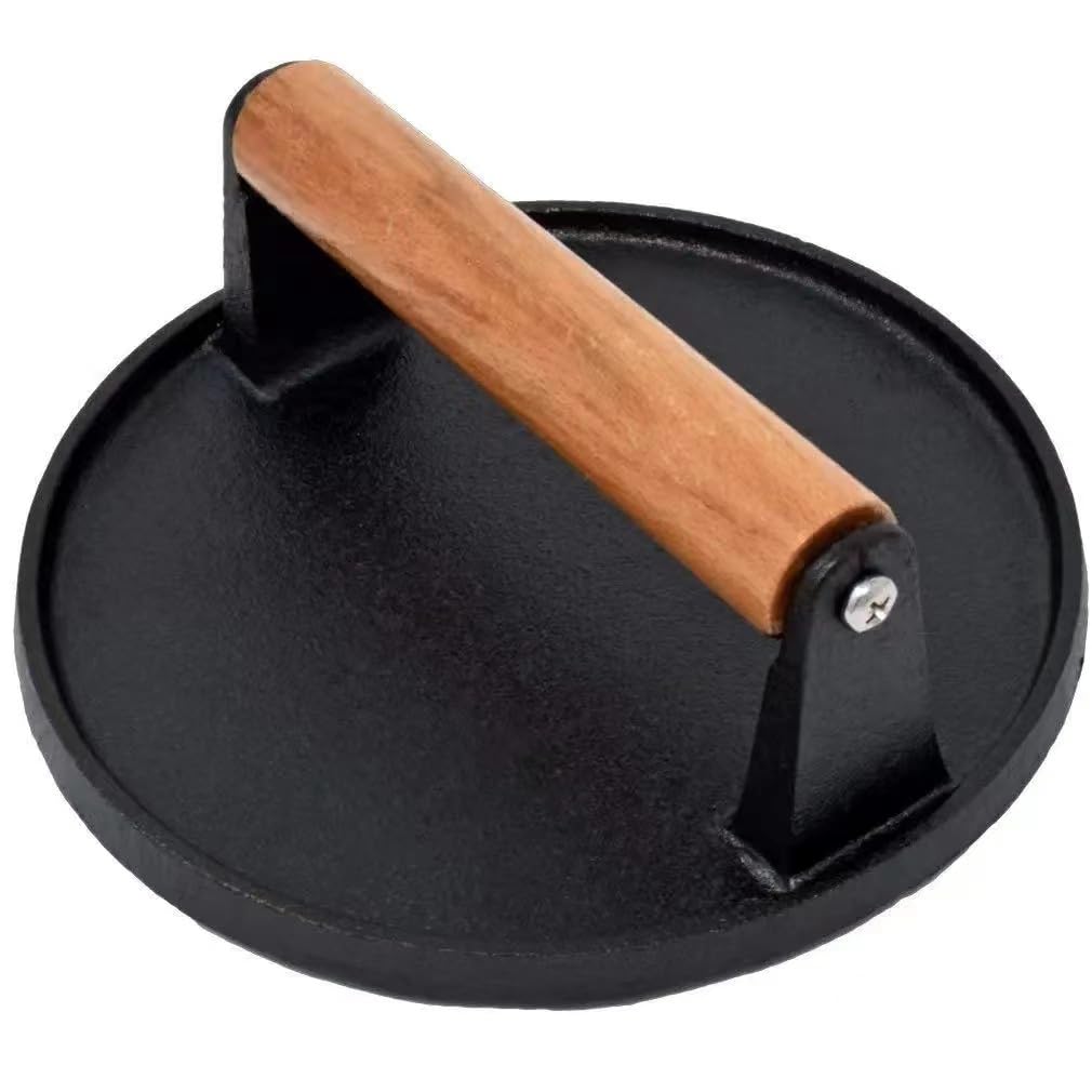 JNXHON cast iron bacon press with wooden handle stays cool and easy to clean