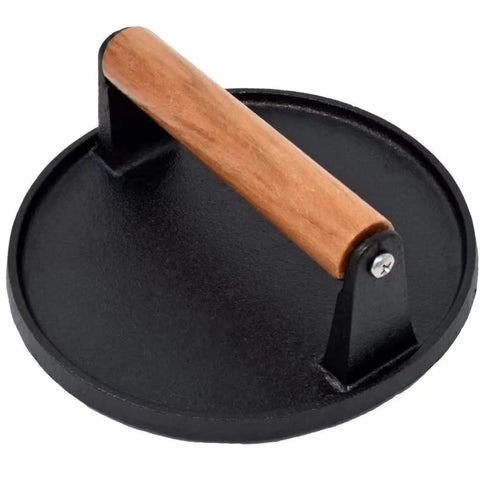 JNXHON cast iron bacon press with wooden handle stays cool and easy to clean