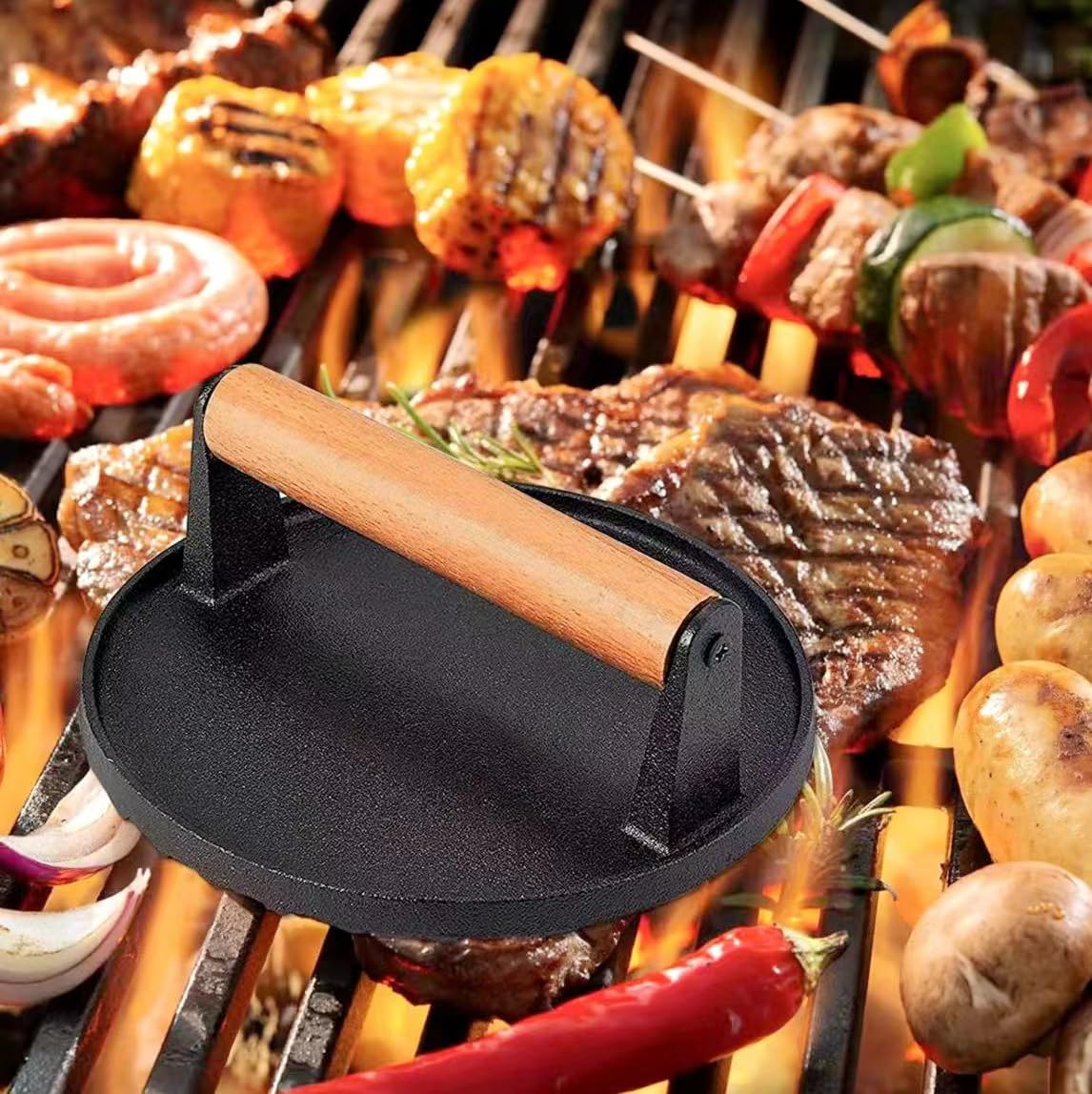 JNXHON meat press with anti-scorching wooden grip prevents heat transfer