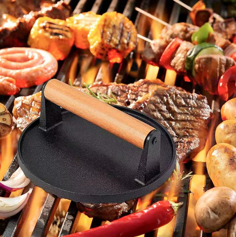 JNXHON meat press with anti-scorching wooden grip prevents heat transfer