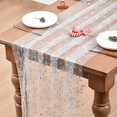 Joanlody white snowflake gauze table runner adds festive decor to holiday tables