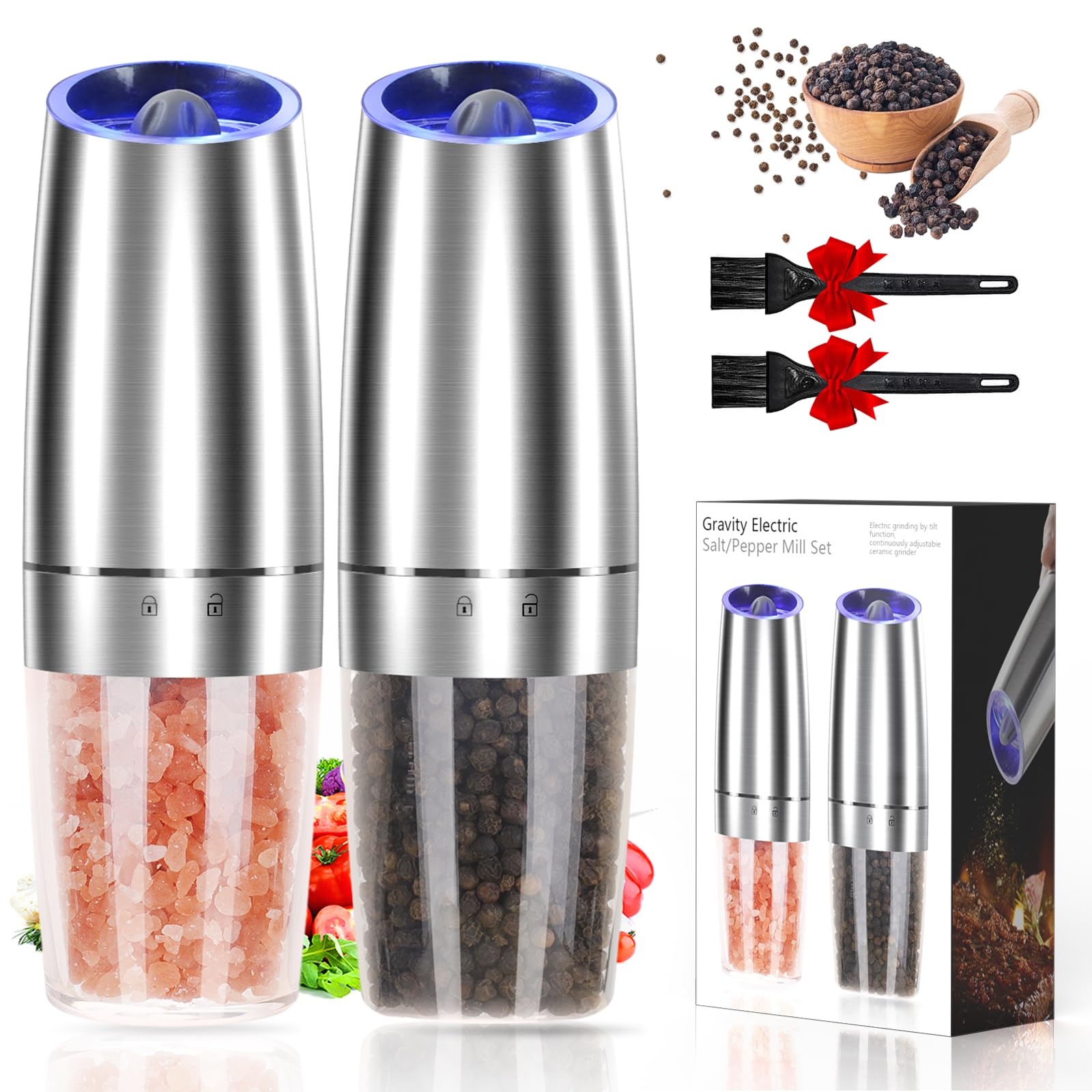 JOBKIM gravity electric salt and pepper grinder set, assembled, for effortless seasoning at the table