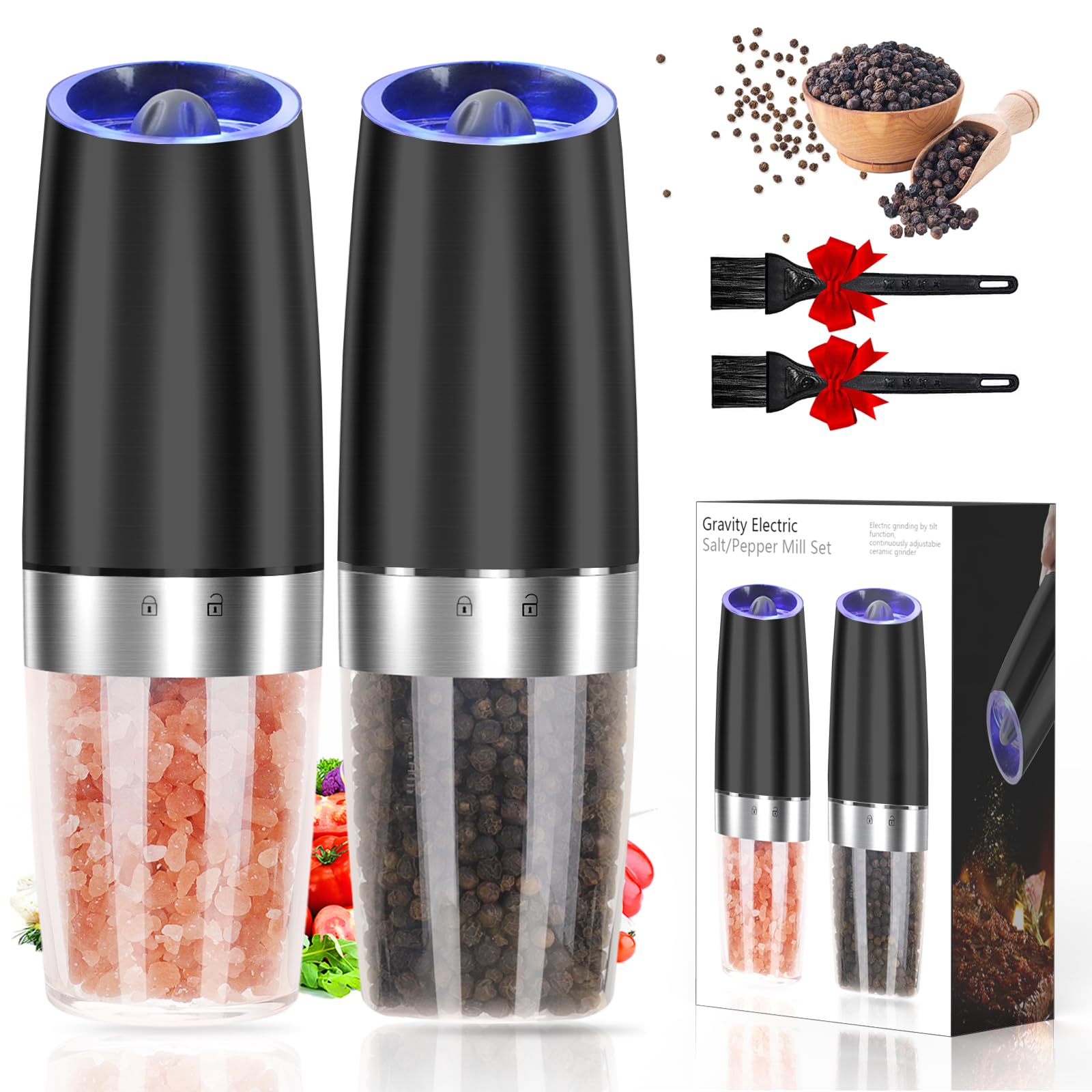 JOBKIM gravity electric salt and pepper grinder set enables one-handed operation for quick seasoning.