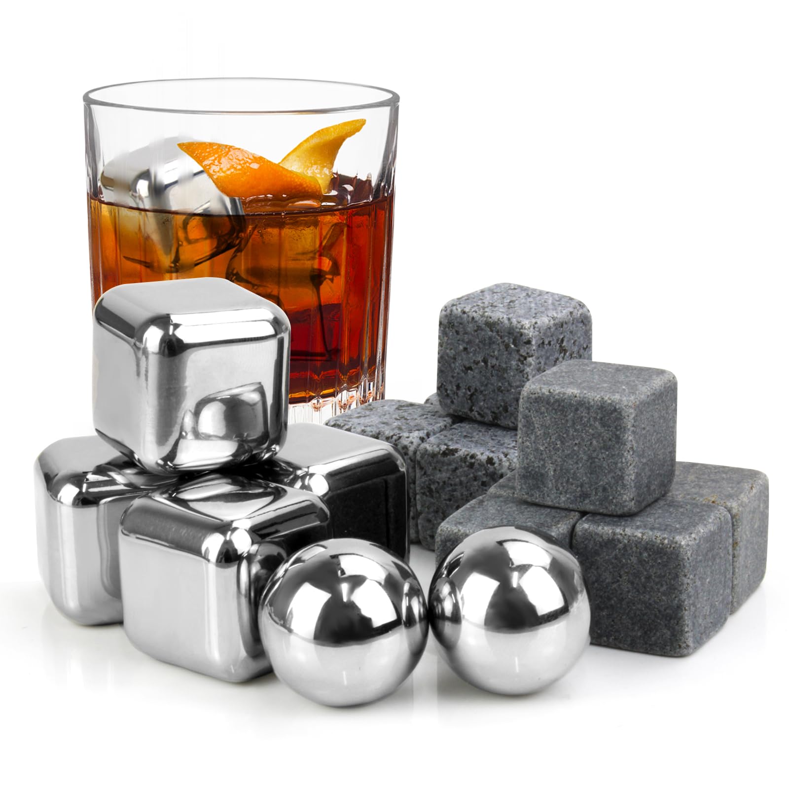 JOBVERT 16-piece whiskey stones set with metal ice cubes for lasting, non-diluting cooling.