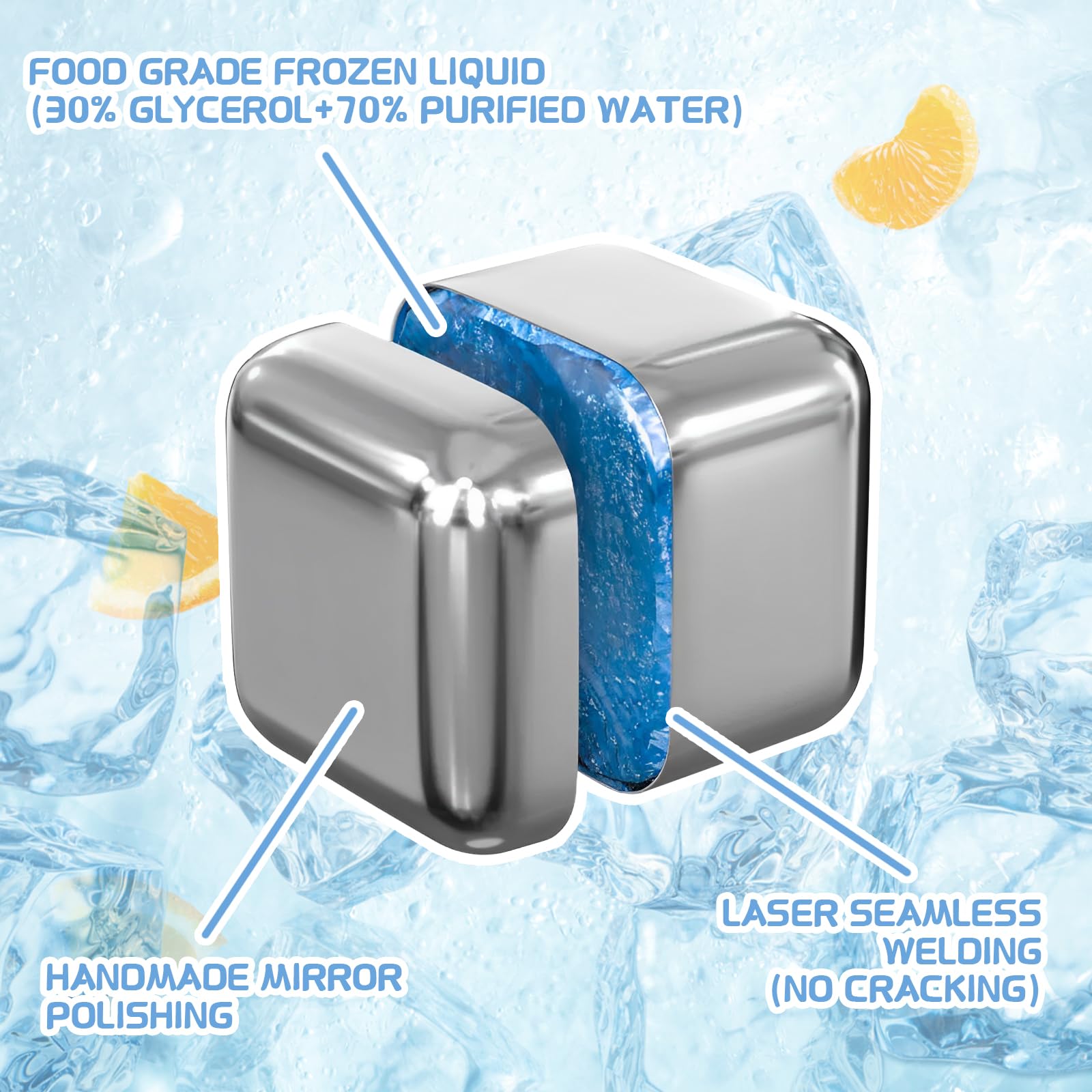 Square stainless steel ice cubes by JOBVERT deliver fast chill without flavor dilution.