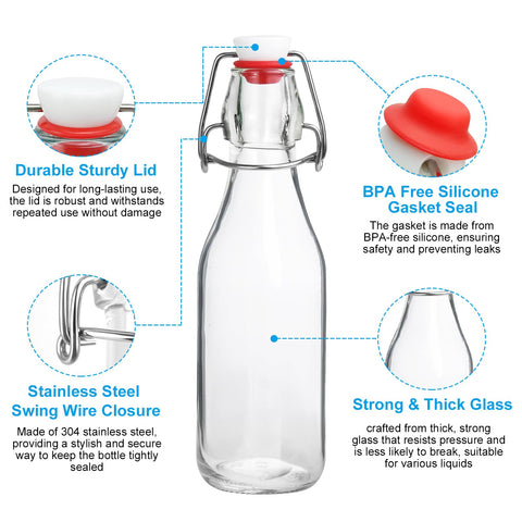 JobVERT swing top bottle 8.5oz clear glass showing a rounded body designed for easy cleaning.