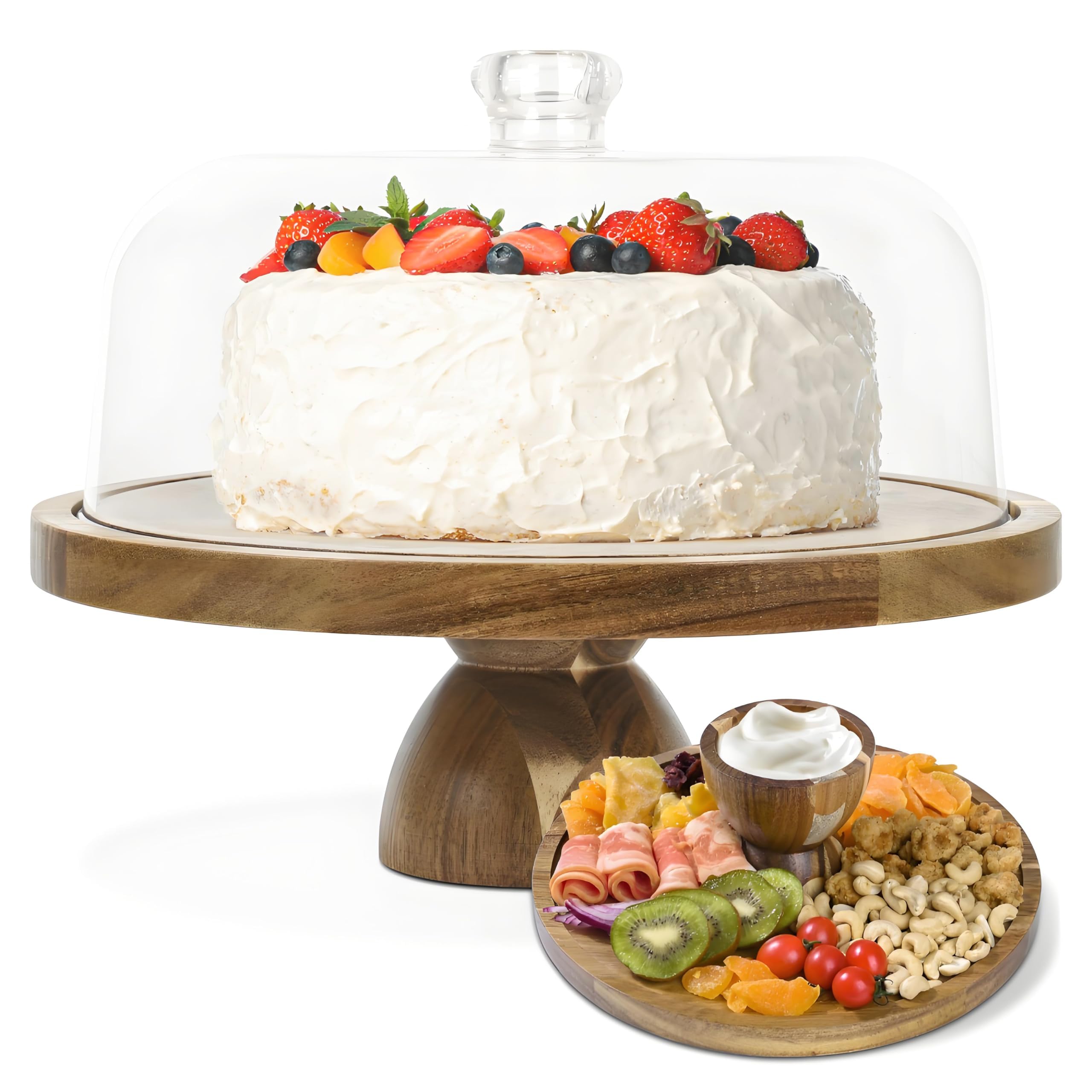 JOCHER acacia wood cake stand with lid showcases desserts while keeping them fresh