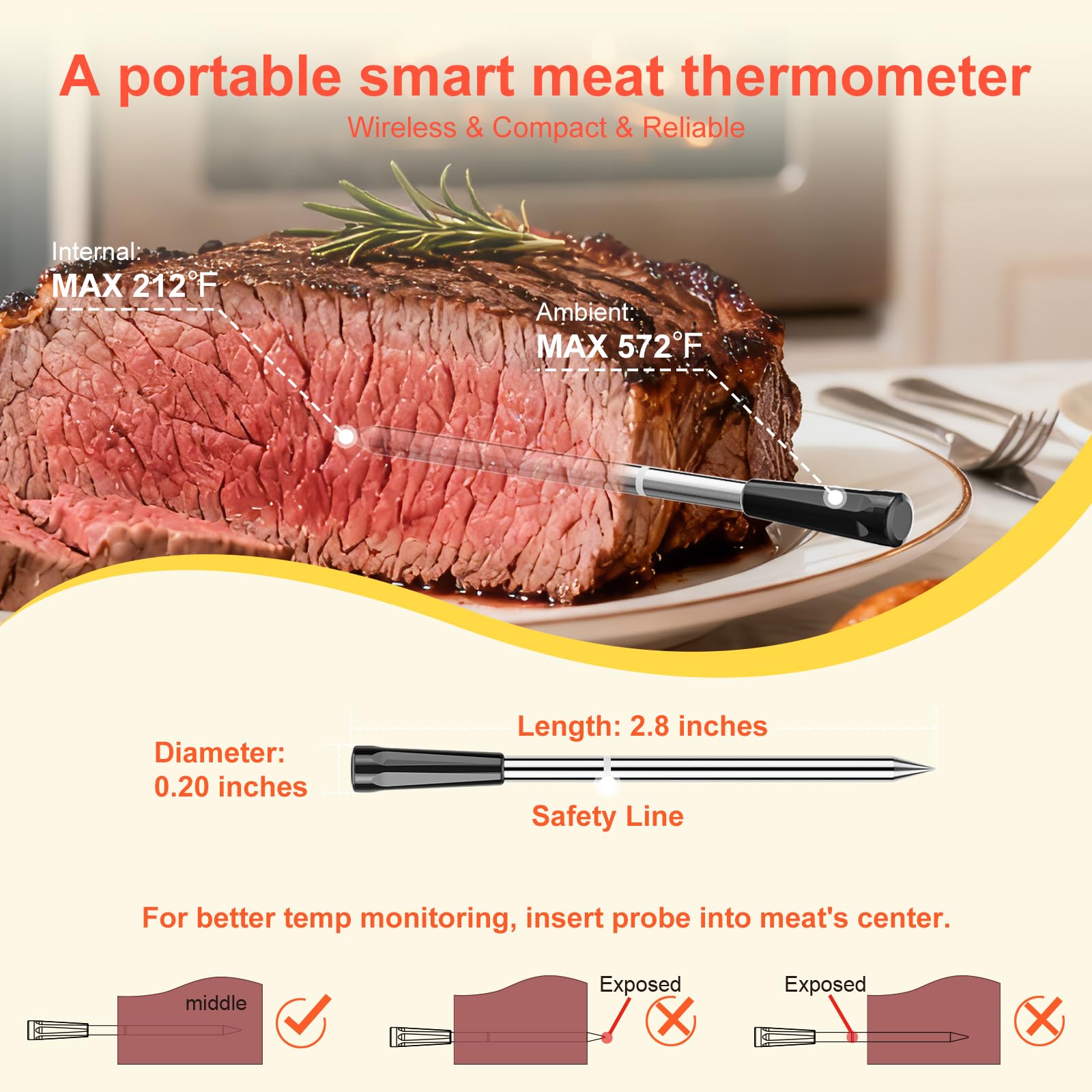 Rechargeable base and probe offer long runtimes during gatherings.