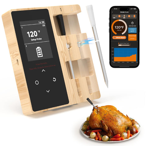 Joeuao smart meat thermometer with two probes ready for grilling.