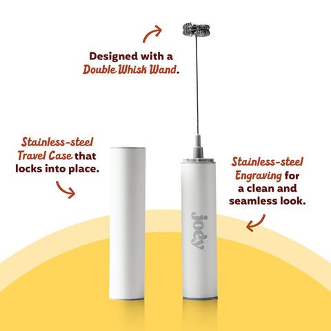 Joey Electric Milk Frother shows double whisk for fast, clump-free mixing