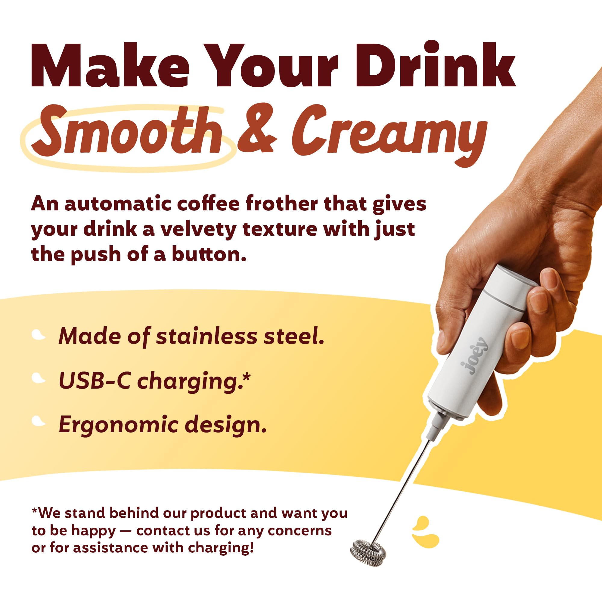 Joey Electric Milk Frother stainless steel wand with double whisk
