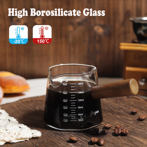 Joeyan borosilicate glass measuring cup ideal for hot espresso and cold drinks