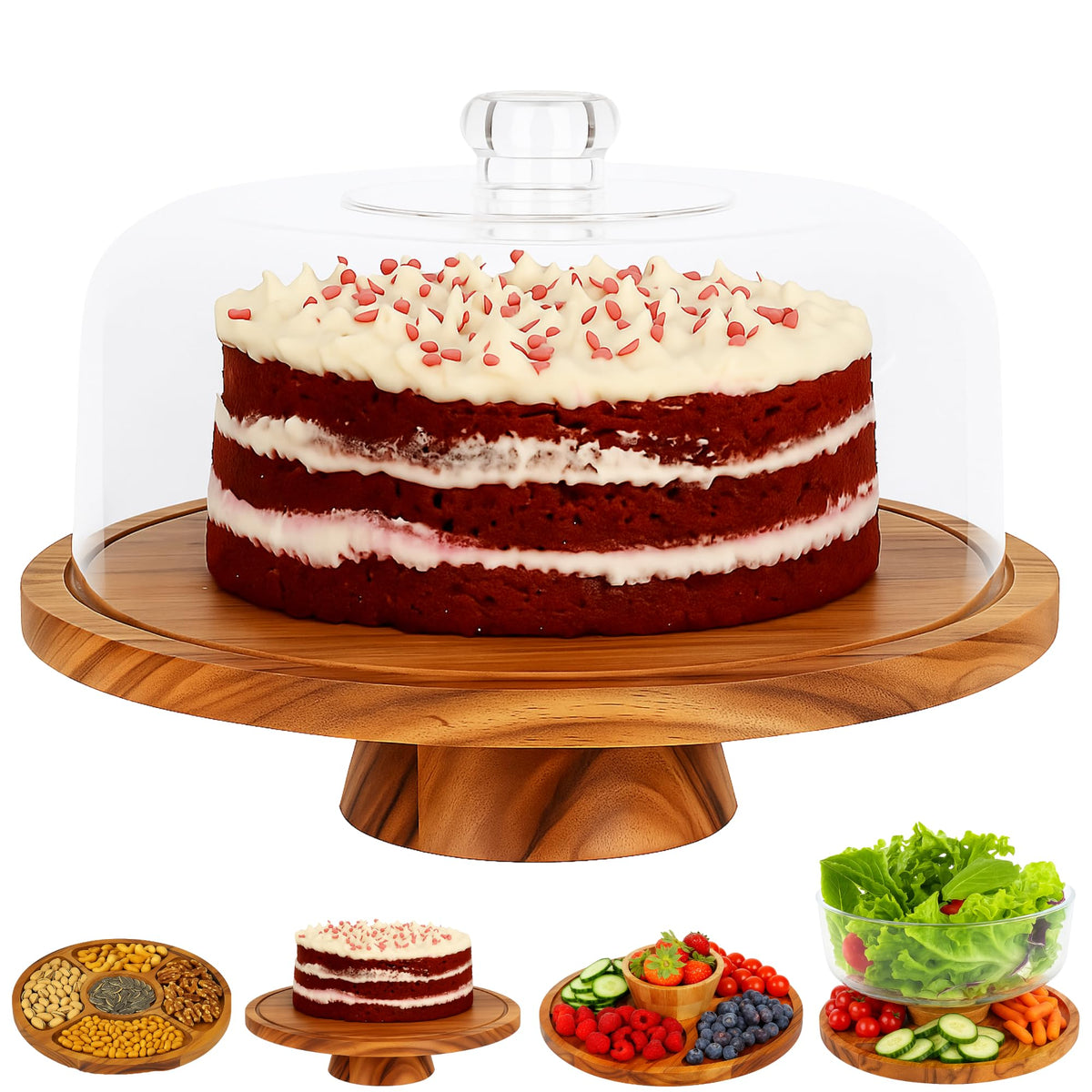 JOEY'Z acacia wood cake stand with lid, secure dome keeps desserts fresh.
