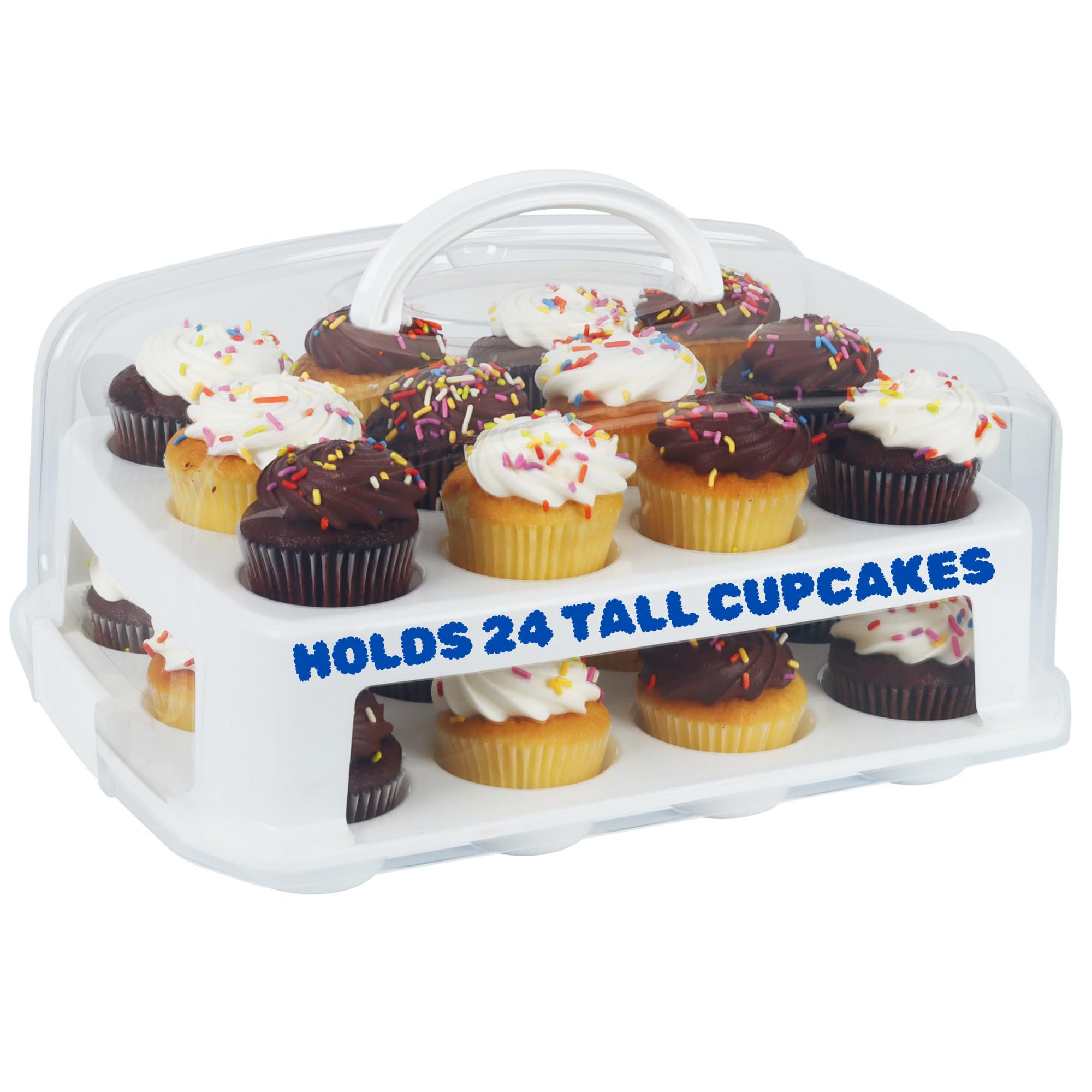 Joey'z extra tall cupcake carrier with lid protects 24 cupcakes during transport.