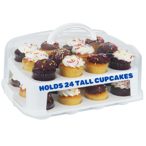 Joey'z extra tall cupcake carrier with lid protects 24 cupcakes during transport.